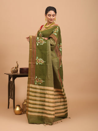Olive Green Mangalgiri Cotton Saree With Kantha And Feather Stitch Work