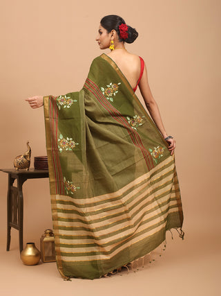 Olive Green Mangalgiri Cotton Saree With Kantha And Feather Stitch Work