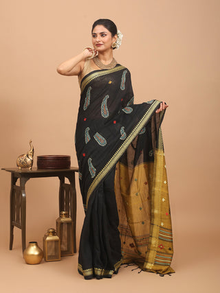 Black And Yellow Ochre Bengal Soft Cotton Saree With Gujarati And Kantha Embroidery