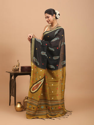 Black And Yellow Ochre Bengal Soft Cotton Saree With Gujarati And Kantha Embroidery