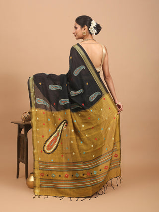 Black And Yellow Ochre Bengal Soft Cotton Saree With Gujarati And Kantha Embroidery