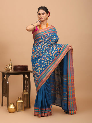 Blue Chettinad Cotton Saree With Kantha Embroidery