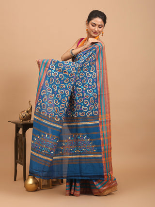 Blue Chettinad Cotton Saree With Kantha Embroidery