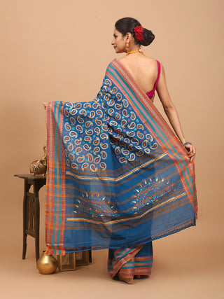 Blue Chettinad Cotton Saree With Kantha Embroidery