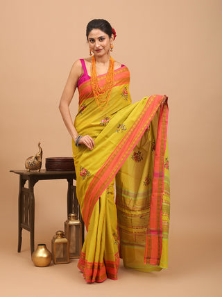 Yellowish Green And Pink Chettinad Cotton Saree With Kantha Embroidery