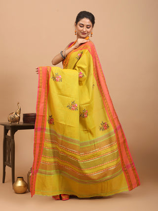 Yellowish Green And Pink Chettinad Cotton Saree With Kantha Embroidery