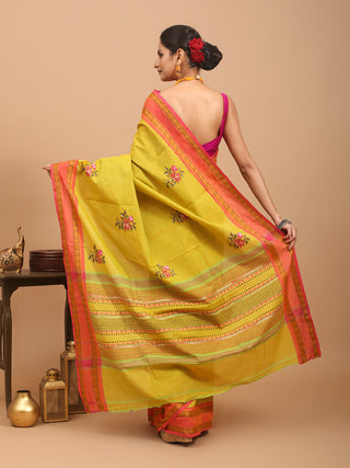 Yellowish Green And Pink Chettinad Cotton Saree With Kantha Embroidery