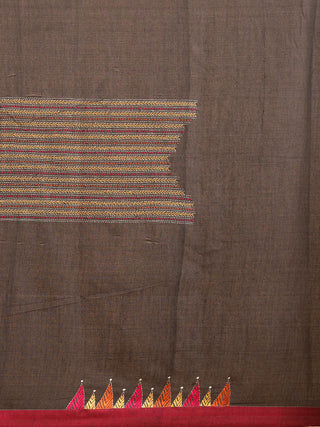 Yellow Ochre Bengal Cotton Saree With Hand Kantha Embroidery