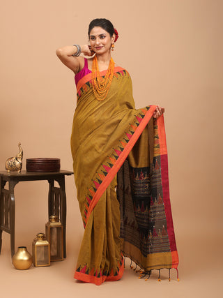 Yellow Ochre Bengal Cotton Saree With Hand Kantha Embroidery