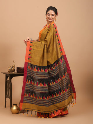 Yellow Ochre Bengal Cotton Saree With Hand Kantha Embroidery