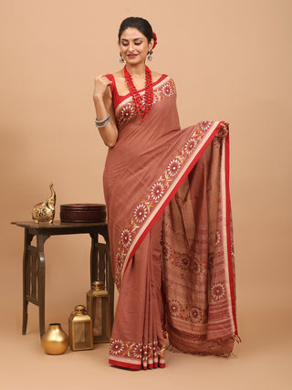 Brick Red Begumpuri Saree With Hand Kantha Embroidery