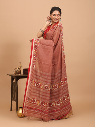 Brick Red Begumpuri Saree With Hand Kantha Embroidery