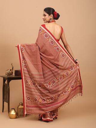 Brick Red Begumpuri Saree With Hand Kantha Embroidery