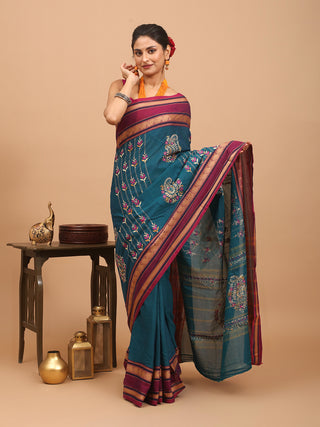 Teal And Wine Chettinad Cotton Saree with Hand Kantha Embroidery