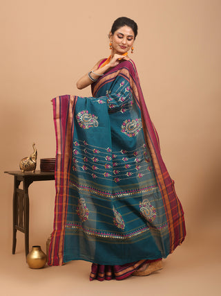 Teal And Wine Chettinad Cotton Saree with Hand Kantha Embroidery