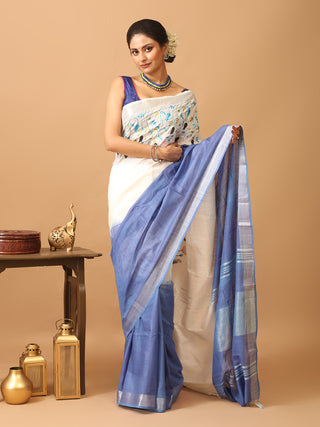 White and Blue Ombre Cotton Saree with Machine Embroidery