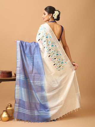 White and Blue Ombre Cotton Saree with Machine Embroidery