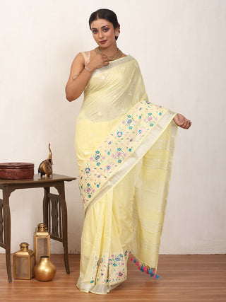 Lemon Yellow Cotton Saree with Machine Embroidery