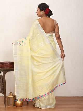 Lemon Yellow Cotton Saree with Machine Embroidery