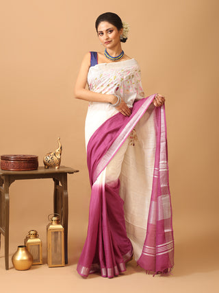 White and Purple Ombre Cotton Saree with Machine Embroidery