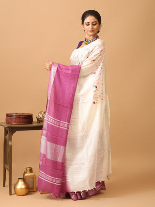White and Purple Ombre Cotton Saree with Machine Embroidery