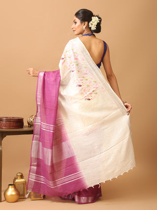 White and Purple Ombre Cotton Saree with Machine Embroidery