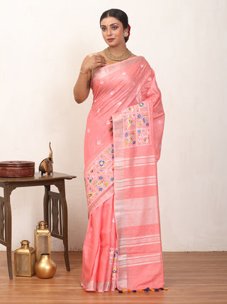 Peachish Pink Cotton Saree with Machine Embroidery