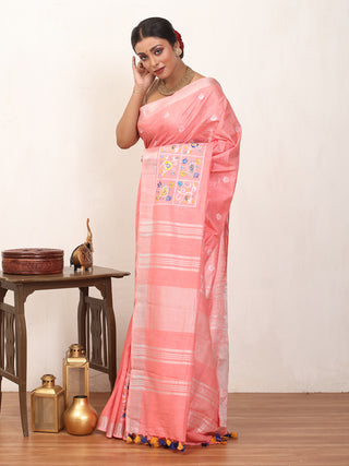 Peachish Pink Cotton Saree with Machine Embroidery