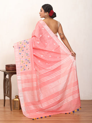 Peachish Pink Cotton Saree with Machine Embroidery