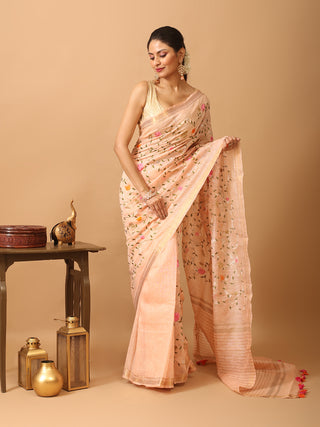 Peach Silk Linen Saree with All-Over Machine Embroidery