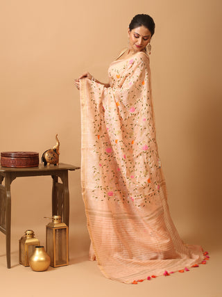 Peach Silk Linen Saree with All-Over Machine Embroidery