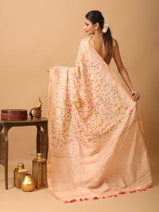Peach Silk Linen Saree with All-Over Machine Embroidery