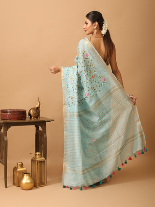 Ice Blue Silk Linen Saree with All-Over Machine Embroidery