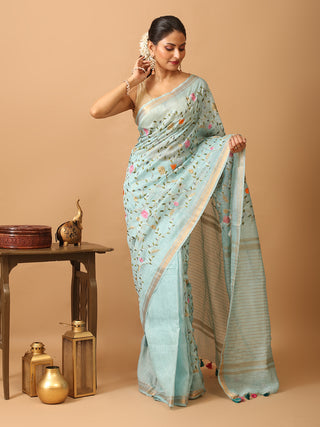 Ice Blue Silk Linen Saree with All-Over Machine Embroidery