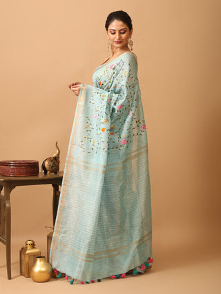 Ice Blue Silk Linen Saree with All-Over Machine Embroidery