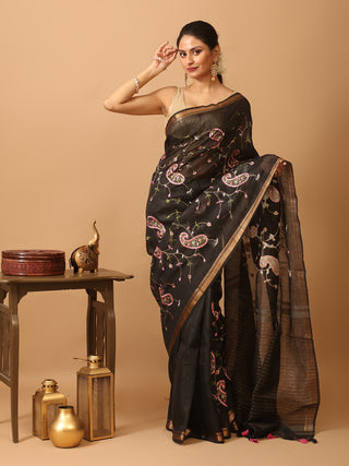Black Silk Linen Saree with All-Over Machine Embroidery