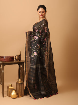 Black Silk Linen Saree with All-Over Machine Embroidery