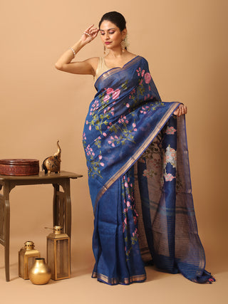 Blue Silk Linen Saree with All-Over Machine Embroidery
