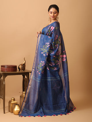 Blue Silk Linen Saree with All-Over Machine Embroidery