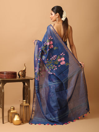 Blue Silk Linen Saree with All-Over Machine Embroidery
