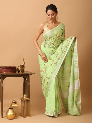 Pistachio Green Linen Saree with Hand Embroidery