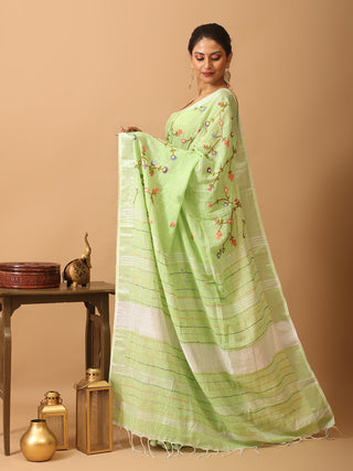 Pistachio Green Linen Saree with Hand Embroidery