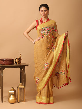 Majestic Golden-Brown Linen Saree with Hand Embroidery