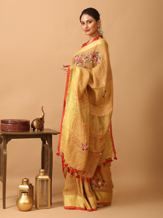 Majestic Golden-Brown Linen Saree with Hand Embroidery