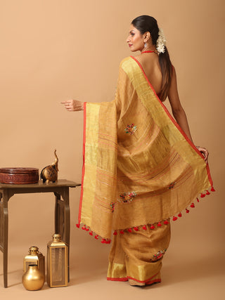 Majestic Golden-Brown Linen Saree with Hand Embroidery