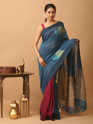 Indigo Blue and Magenta Half and Half Linen Saree with Hand-Embroidery