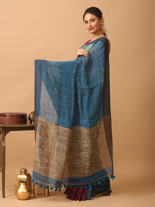 Indigo Blue and Magenta Half and Half Linen Saree with Hand-Embroidery