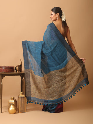 Indigo Blue and Magenta Half and Half Linen Saree with Hand-Embroidery