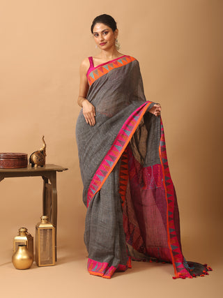 Grey Linen Saree with Hand Kantha Embroidery