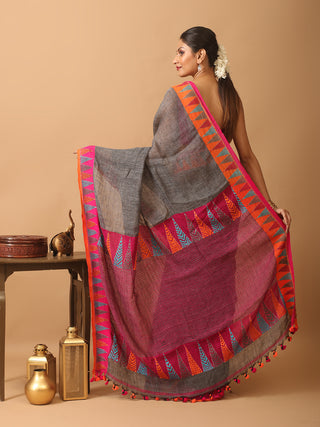 Grey Linen Saree with Hand Kantha Embroidery
